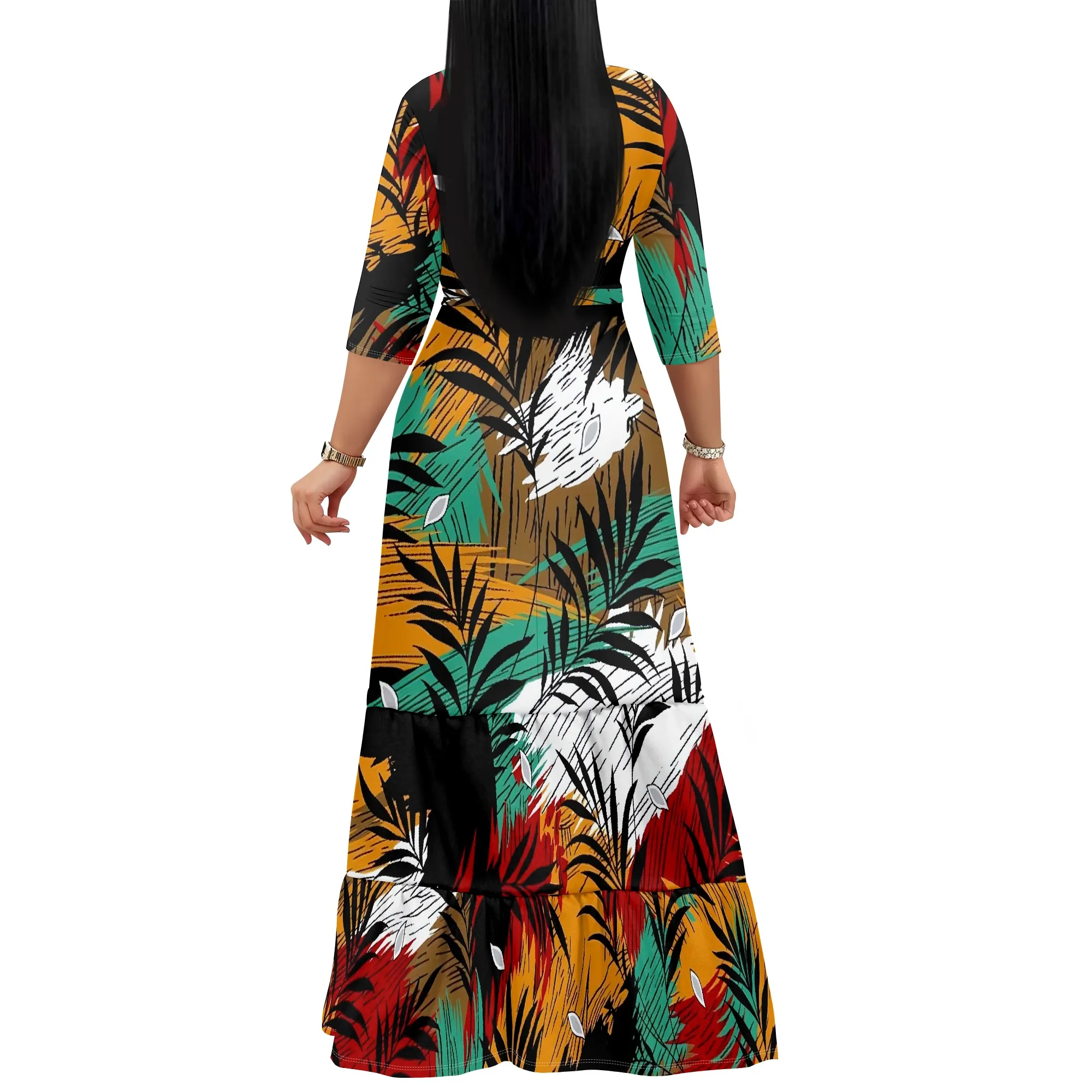 Vestido feminino com cinto de manga comprida, vestido estampado elegante com bainha de três camadas, vestido de bolso.