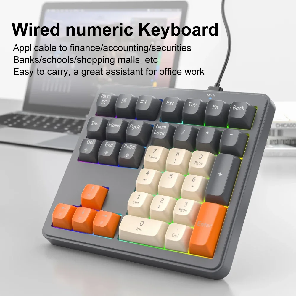 FREEWOLF M35 Mini Silent Numeric Keypad USB 2.0 Wired Number Keypad Detachable Wire RGB Backlight Laser Mark Keycaps for Finance