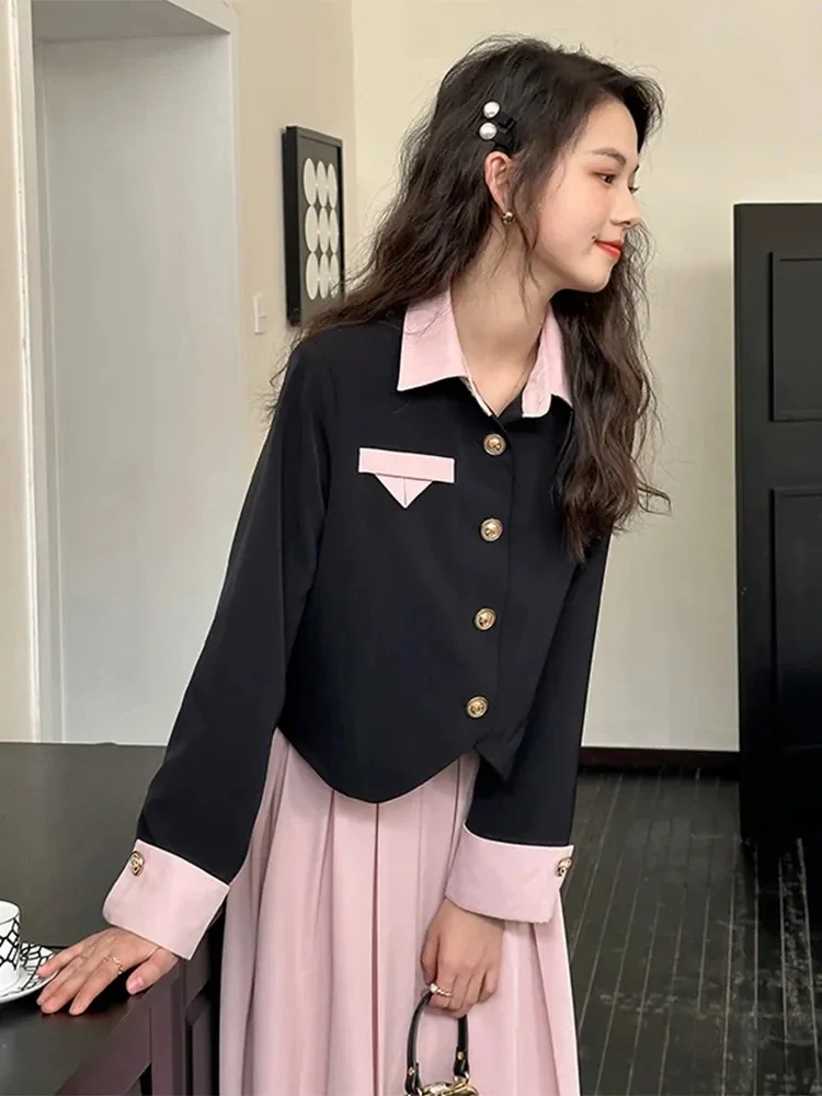 Insozkdg French Style Women Suit Skirt Two-piece Set Contrasting Color Stitching Fake Two-piece Jacket Blazer Pleated Skirt Sets