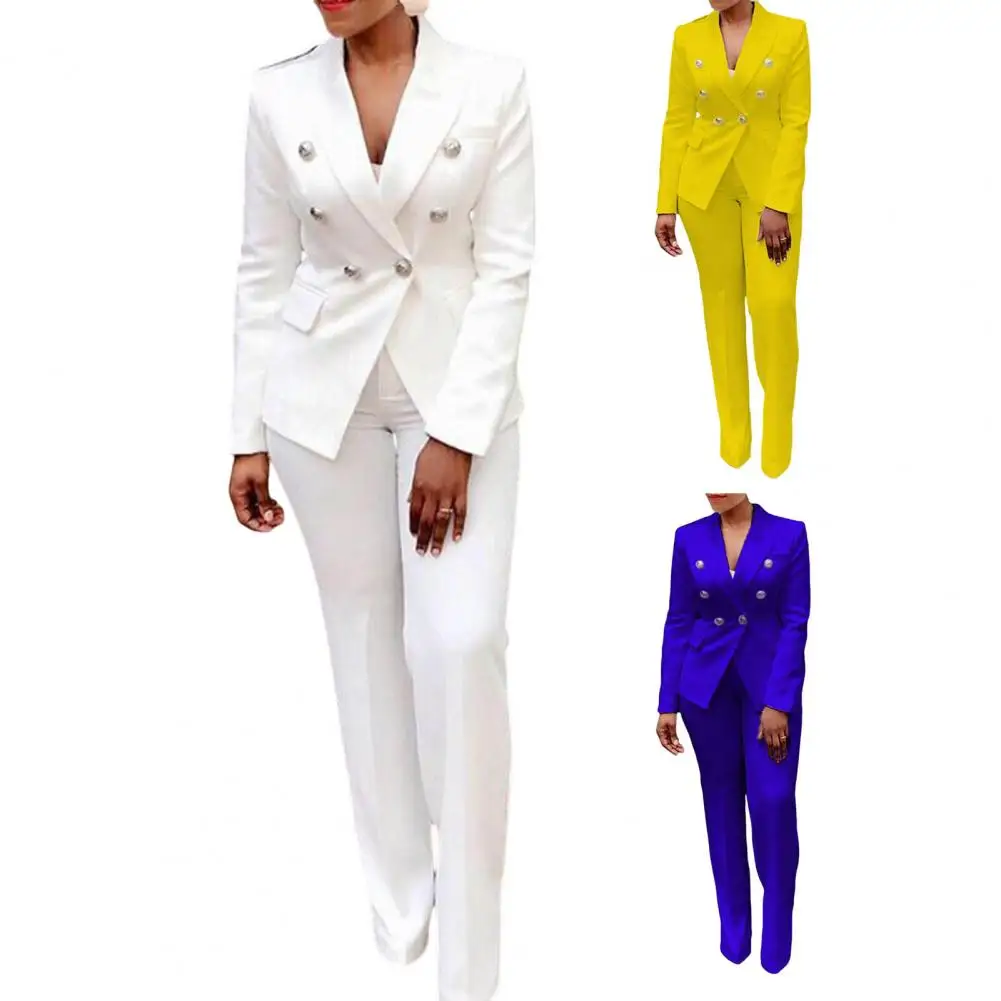 2Pcs/Set Formal Women Blazer Pants Set Office Lady Double Breasted Work Outfit Women Suit Coat Pants Set Yellow