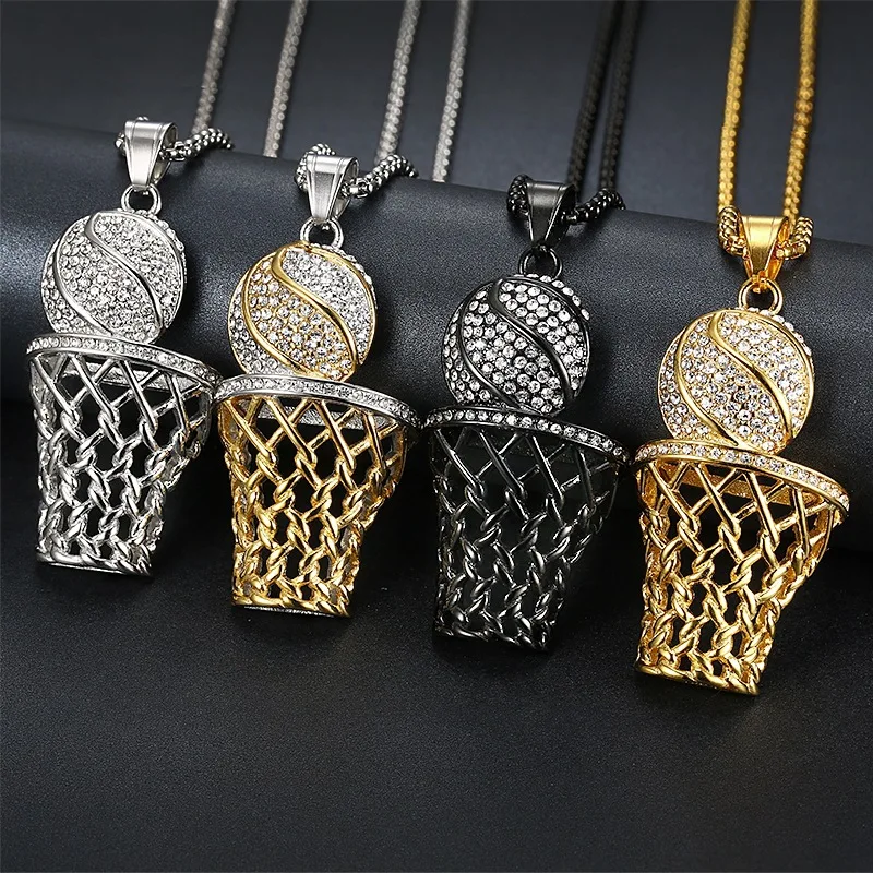 Hip hop accessories - stainless steel rhinestones basketball net frame pendant necklace