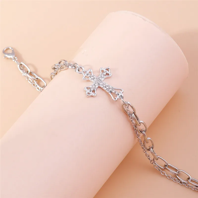 Aihua Gothic Goldfarbenes Kristallkreuz-Fußkettchen für Frauen, Fußschmuck, Sommer, Strand, sexy, weibliches Barfuß-Knöchelarmband für das Bein – Detail 7