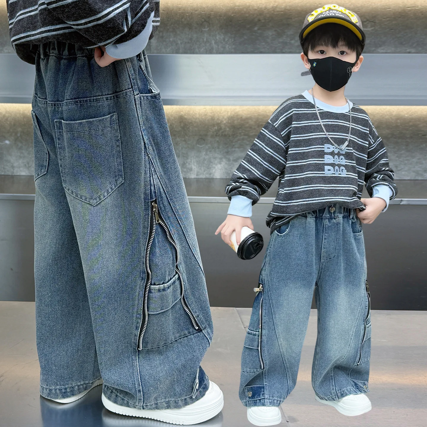 Boys Denim Jeans Spring Autumn Toddler Straight Pants with Side Pockets Kids Streetwear Baby Boys Loose Fit Casual Trousers