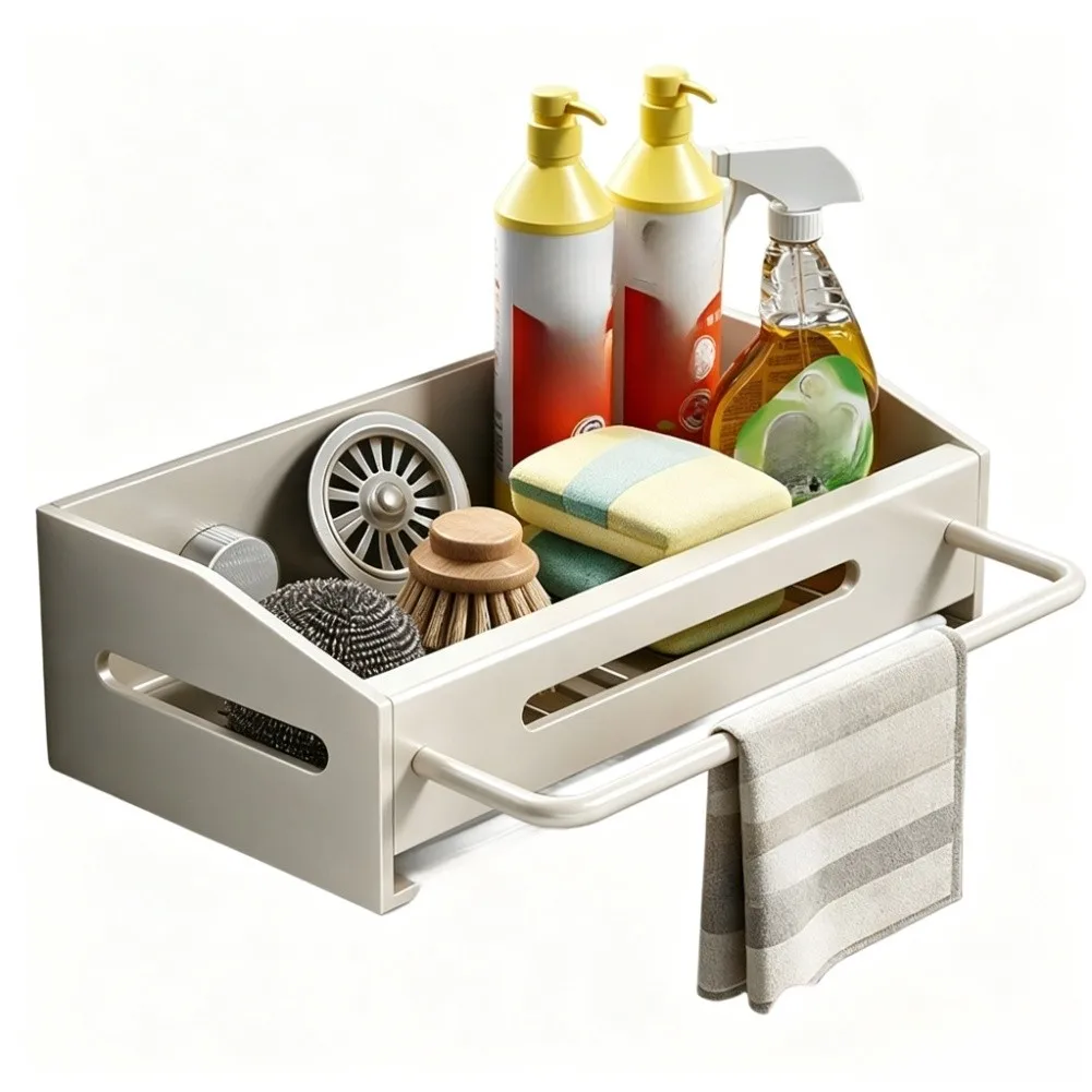 Wall Mount Kitchen Sink Sponge Holder Dish Tool Storage Organizer With Removable Drip Tray Hollow Drain Space Saving Accessory