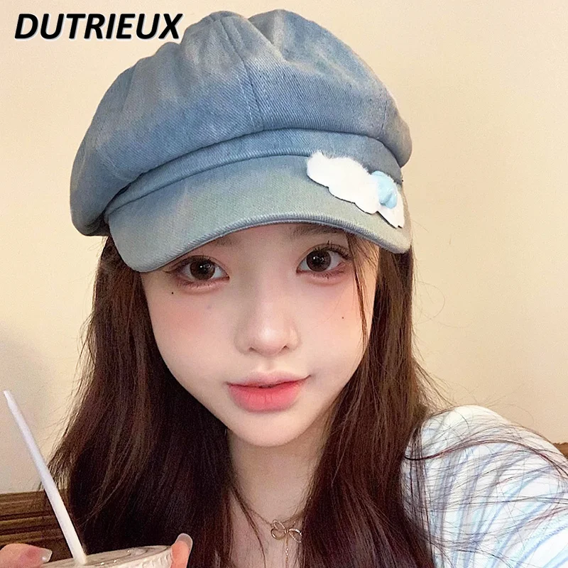 

Japanes Denim Wings Painter Cap Women's Lolita Versatile Personality Beret Big Head Circumference Vintage Hat Female Beret Hat