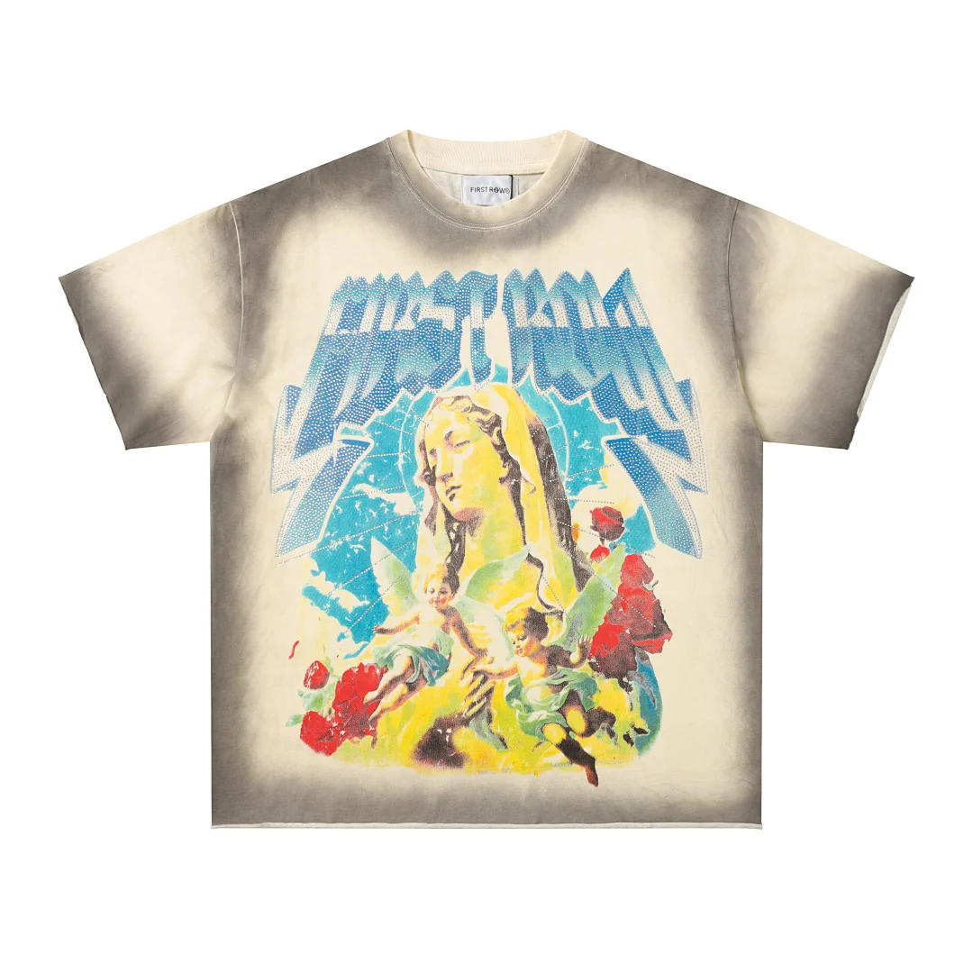 Vintage FIRST ROW Washed Beige T-Shirt Angel Rose Gothic Retro Print Y2K Streetwear Oversized Loose Short Sleeve Cotton Tee