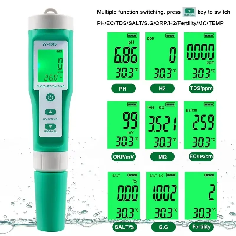10 in 1 Water Quality Tester pH ORP EC TDS Salinity Temperature Resistivity SG H2 Digital Meter for Pool Aquarium Hydroponics