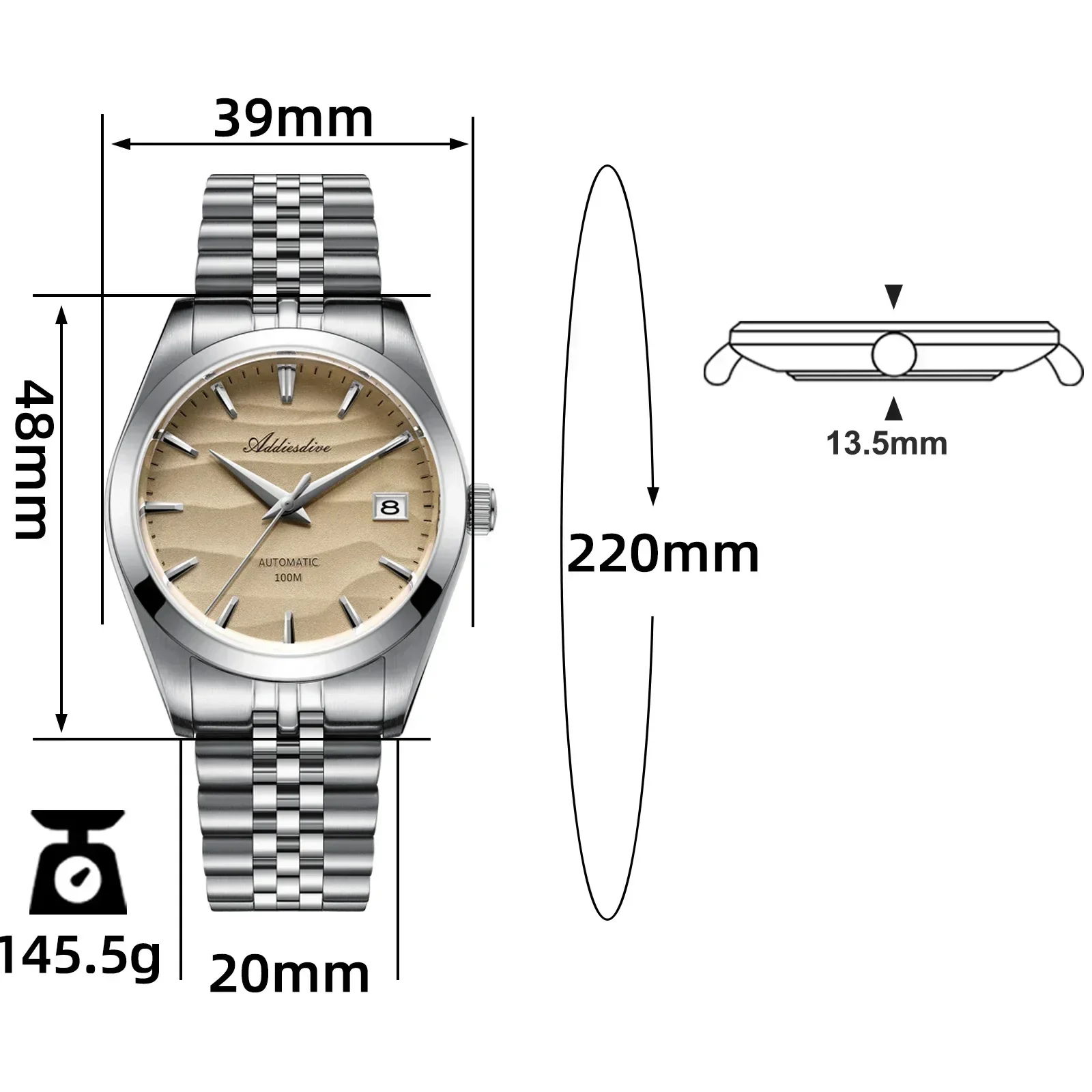 ADDIESDIVE AD2059 39mm Men Watch Desert Dial NH35A Automatic Mechanical Watches 100m Waterproof 316L Stainless Steel Wristwatch