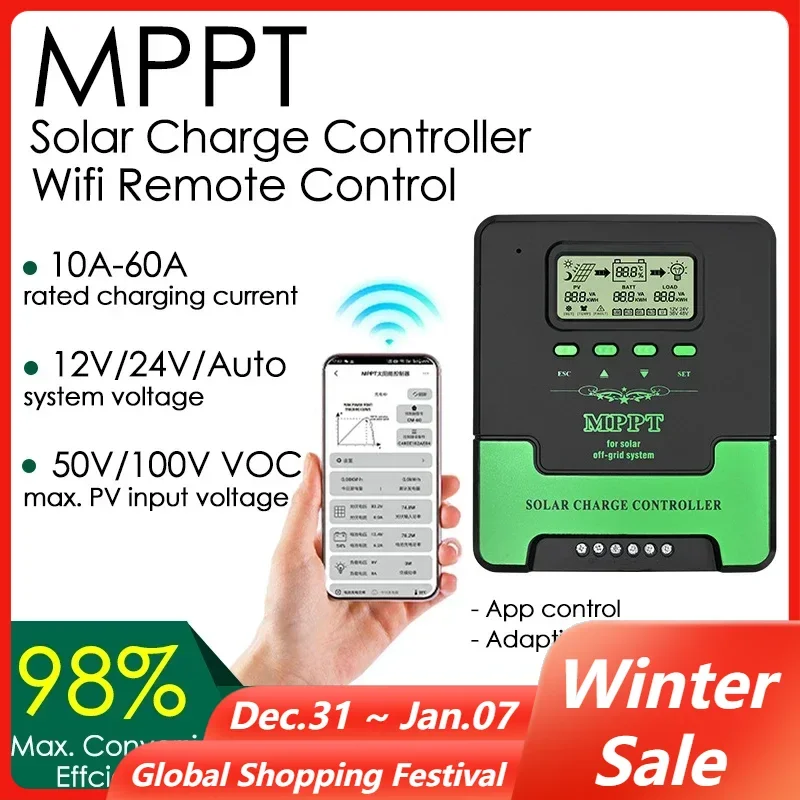 MPPT Solar Charge Controller with WIFI 10-60A 12V 24V LCD Solar Panel Charge Regulator for Lifepo4 Lithium Acid Lead Battery