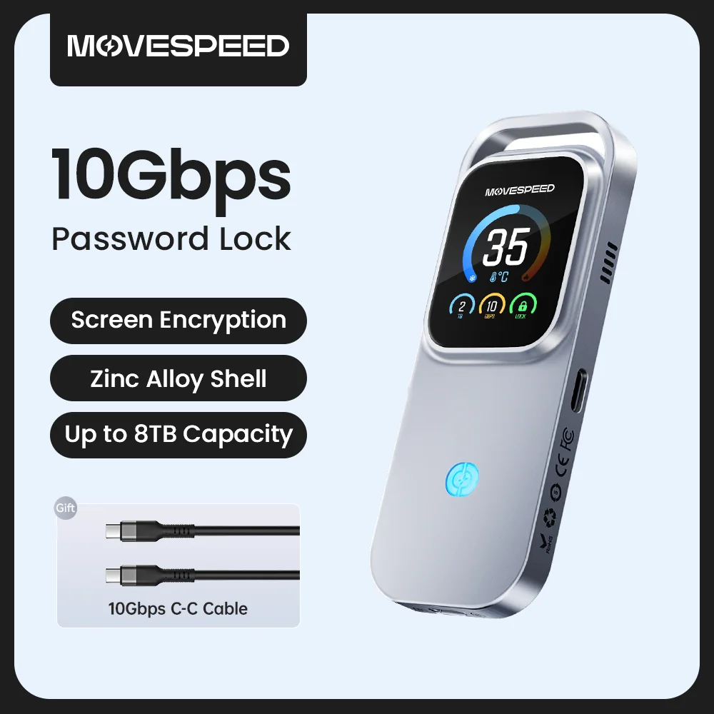 MOVESPEED AC10 10Gbps M.2 NVMe PCIe SSD Enclosure USB-C 3.2 TurboX Smart Touch Screen Encryption SSD Box Zinc Alloy ProCool Case