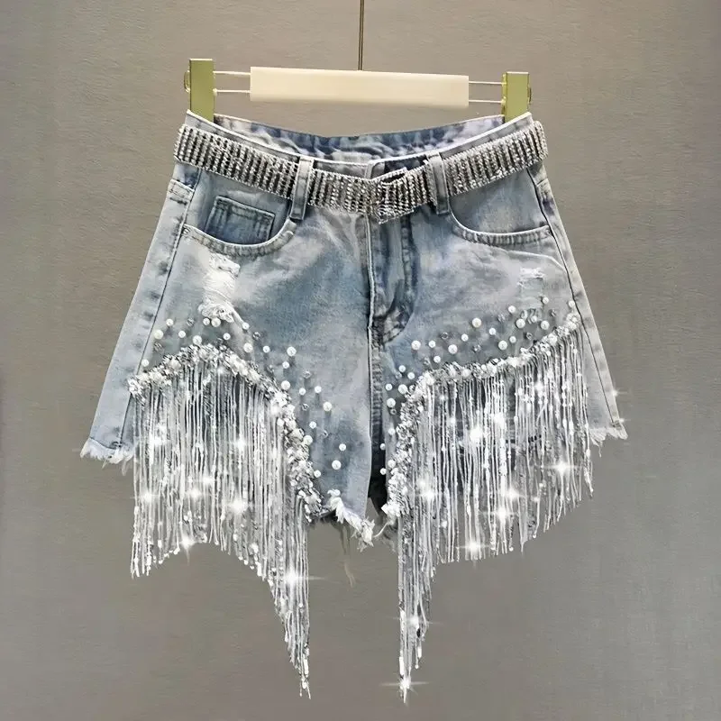 

Denim Shorts Women's 2025 Summer Clothes New European High Waist Thin Heavy Industry Beaded Sequined Fringed Broken Copper Jeans