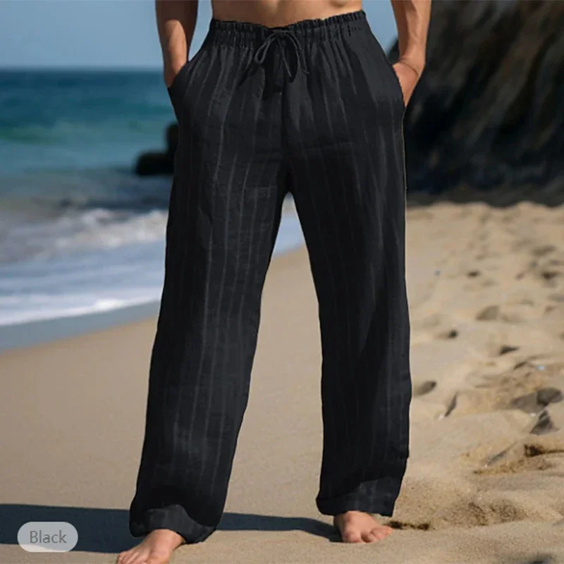 في الهواء الطلق عادية رجالي مخطط الكتان السراويل الشاطئ الترفيه فضفاض تنفس مستقيم بنطلون للرجال الصيف موضة الرباط بانت #5