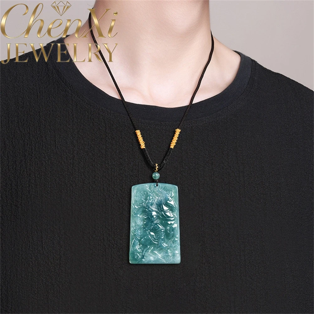 

High-End Popular Natural Agrade Icegrade Jadeite Blue Water Godly Dragon Guan Gong Fine Jewelry Amulet Gifts Pendant Exquisite