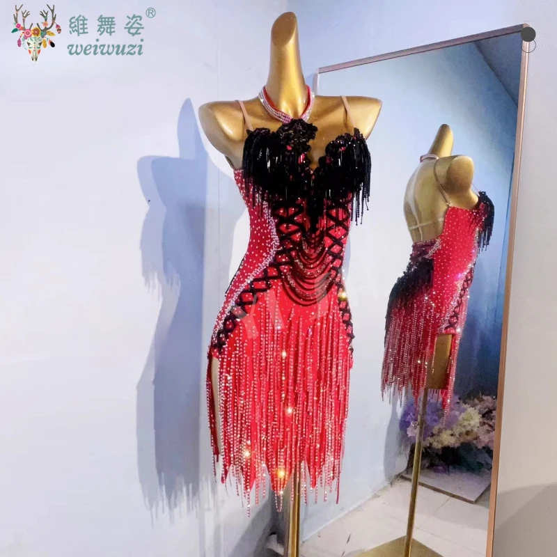 زي الرقص اللاتيني حجر الراين للنساء مخصص أداء رومبا تشاتشا زي تنورة الكبار اللاتينية المهنية شرابة فساتين #6