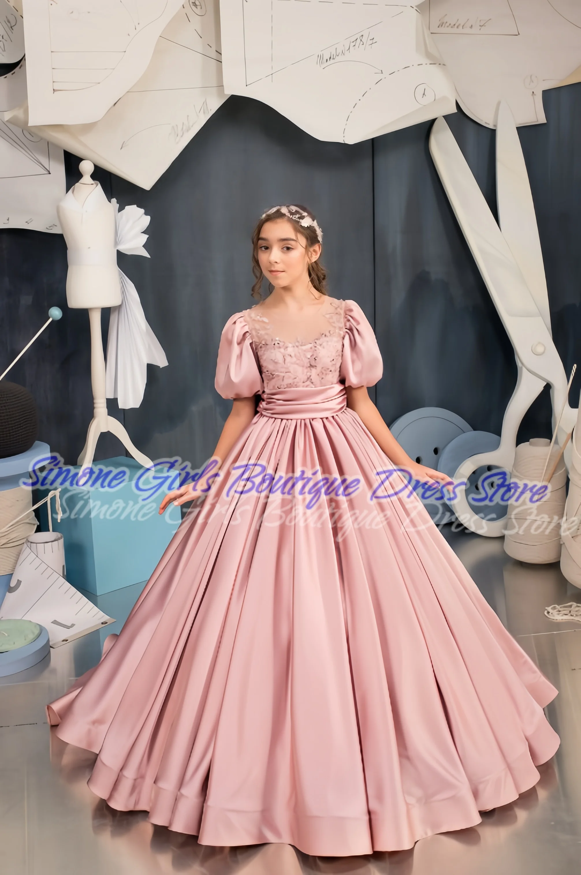 Princess Dress Contrast Lace Lace Up Sequin Lantern Sleeve Flower Girls Dresses for Birthday Parties Formal Receptions