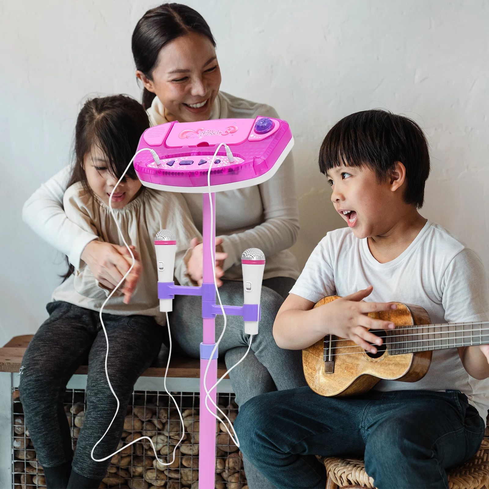1Set Microfono di simulazione Giocattolo per bambini 3-12 anni Doppio microfono Design Mp3 Connessione Supporto regolabile Regalo per l'apprendimento della musica