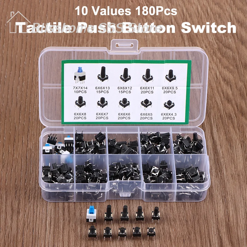 【S】10 Values 180Pcs Tactile Push Button Switch Momentary Tactile Tact Mini Switch Kit 6*6 4.3-13MM 7*7mm Momentary Switch