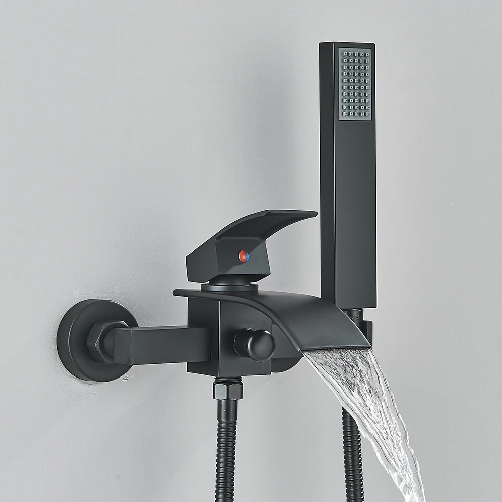 

Black Golden Bathtub Faucet Wall Waterfall Spout Bathroom Tub Mixer Tap Single Handle Plastic Handshower Shower System