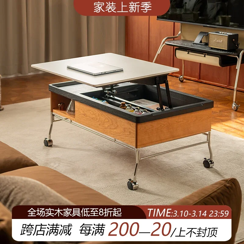 Мобильный подъемный журнальный столик из каменной плиты, складной край для гостиной, многофункциональный средний и древний диван из массива дерева, боковой шкаф
