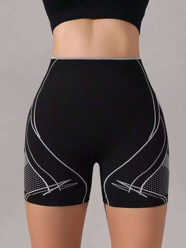 شورت يوجا عالي الخصر للنساء بطباعة ثلاثية الأبعاد مخطط للياقة البدنية مكون من ثلاث أجزاء للرياضات الخارجية وركوب الدراجات والجري