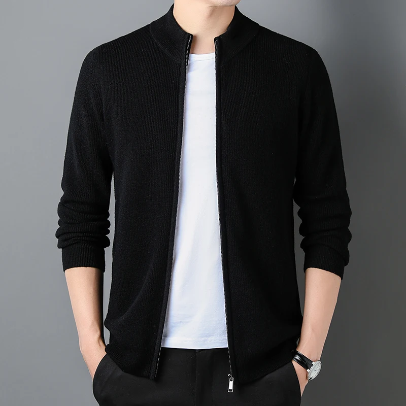 Men\'s 100% Cashmere Wool Cardigan Autumn & Winter Fashion Zipper Sweater Coat Long Sleeve Knitwear Sheep Wool Sweater Cardigan