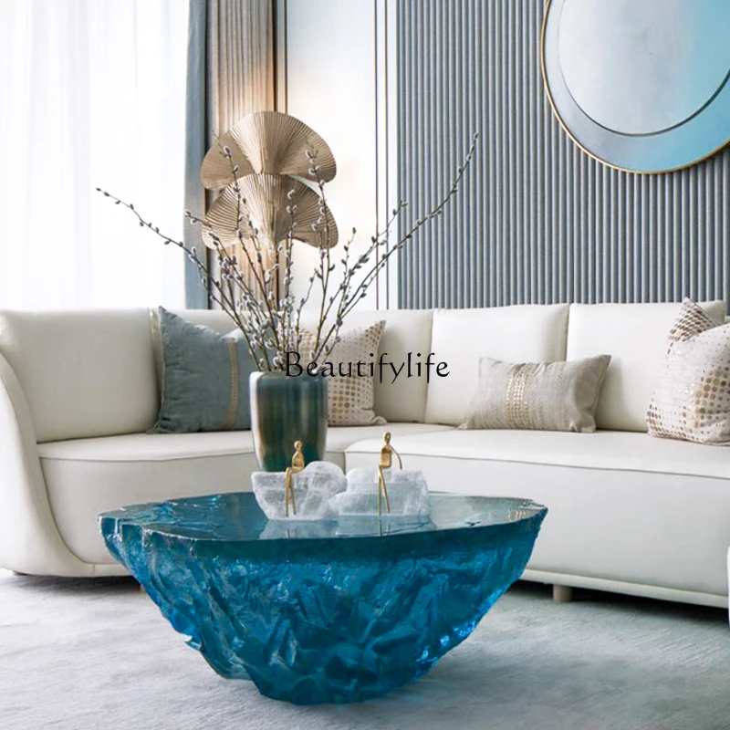 Nordic imitation rock round blue ocean resin coffee table art sculpture living room coffee table