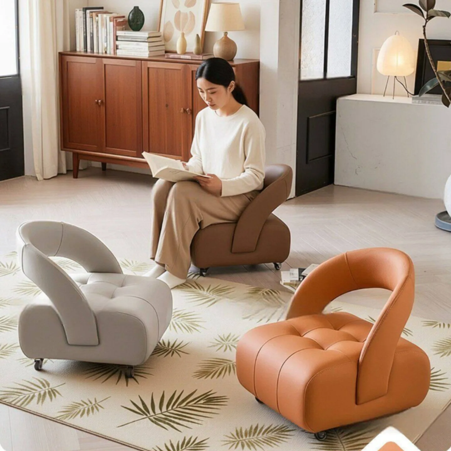 Light luxury leather soft bag pulley backrest chair, mobile pulley stool, high elasticity sponge filled cushion leisure chair