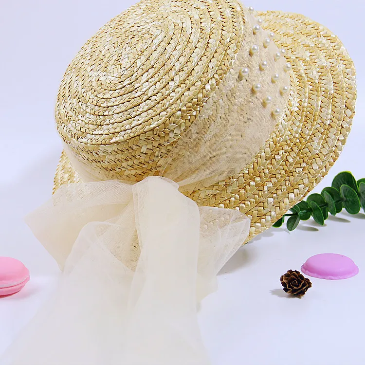 Elegant Fashion Mother Daughter Sunhats Lace Mesh Pearls Hat Cap Outdoor Beach Sunprotection Summer Straw Hat for Adult and Girl