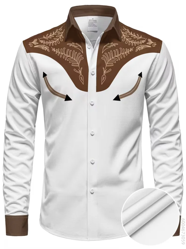Men's long sleeved shirt with plant arrow print shirt, versatile for vacation parties, fashionable and trendy casual loose top