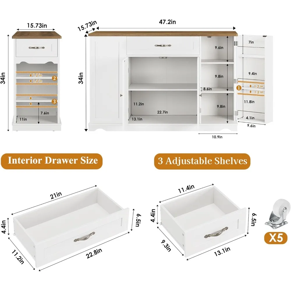 Kitchen Island Cart with Storage, 47'' Kitchen Storage Island on Wheels with 2 Drawers thumbnail
