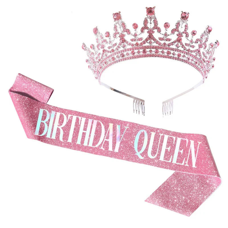 Bling Rhinestone Crystal Crown Tiara Birthday Girl Queen Sash and Crown for Women Birthday Party Decoration Kit