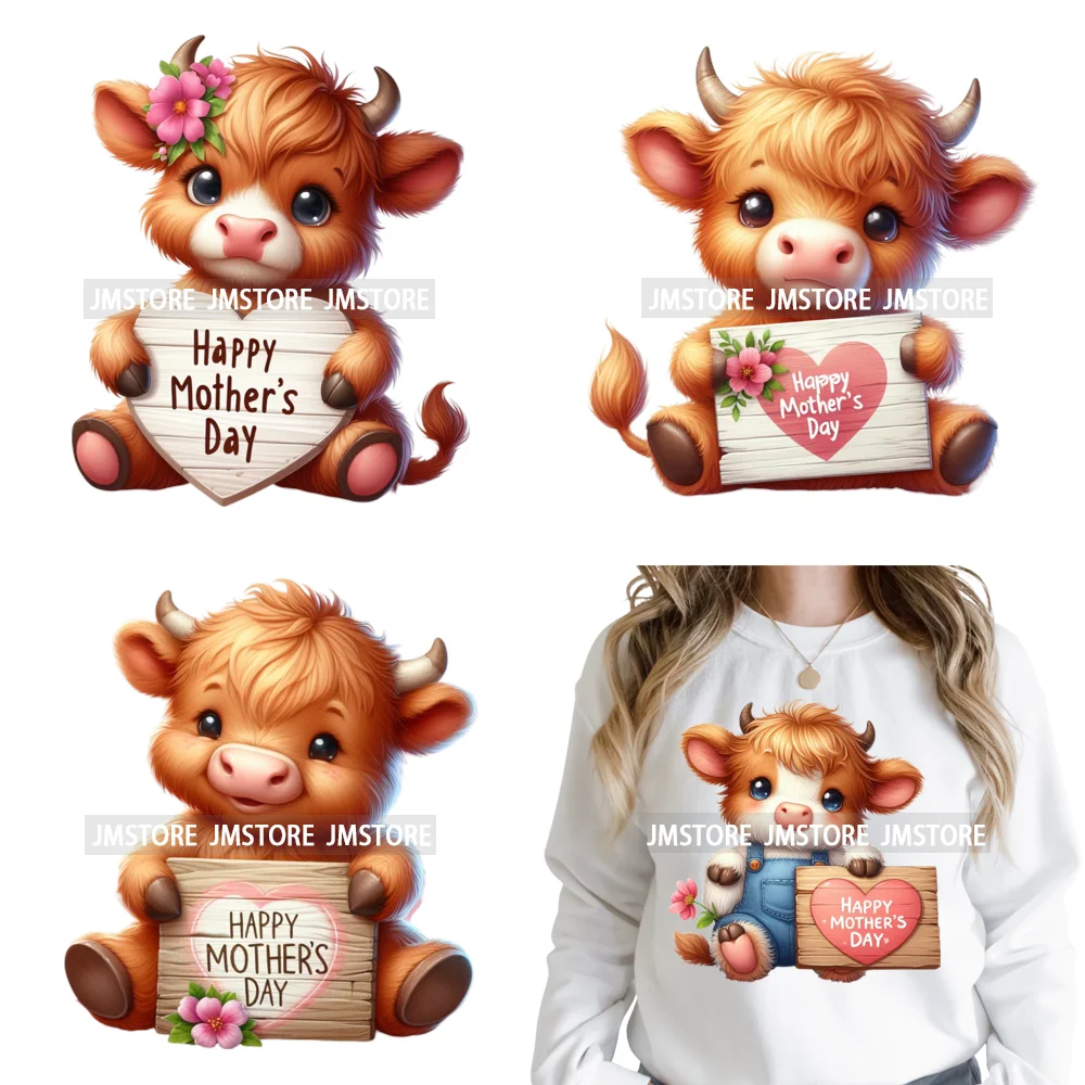 Western Country Baby Highland Cow Heart Happy Mother's Day Iron on Washable DTF Transfers Stickers Ready to Press for Clothes