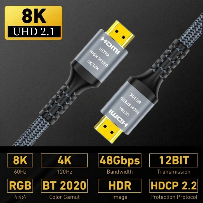 8K HDMI 2.1 Cable 48Gbps Ultra High Speed Braided Cord 8K60 4K120 144Hz eARC 3D HDR10 Compatible with Roku TV/PS5/HDTV/Blu-ray