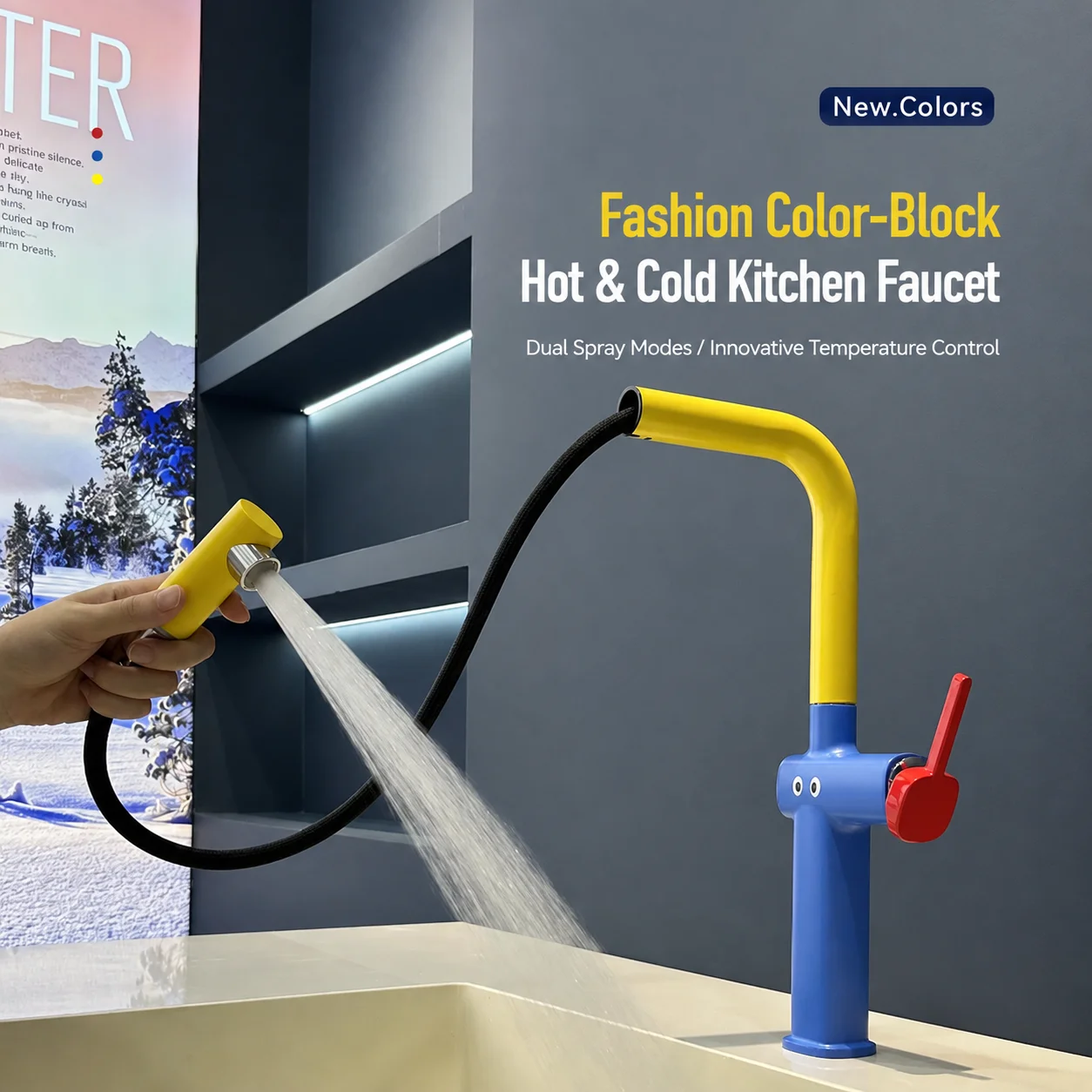 Cartoon Color Block Kitchen Faucet, 60cm Pull Out Hose Dual Spray 360° Swivel Hot Cold Water Sink Mixer Tap Crane