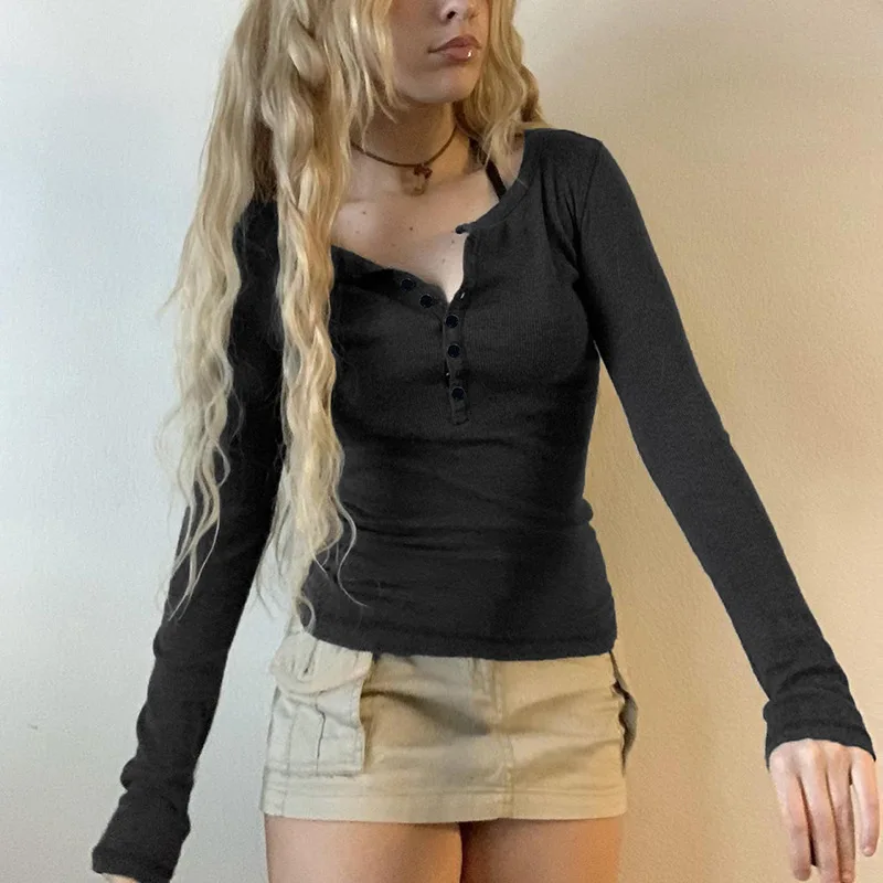 Vintage Y2K Remove Collar Rib Slim Fit Top T-shirt Aesthetic Button Vintage Sloppy Dress Solid Casual 90s Slim Fit Women's Shirt