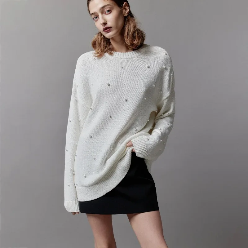 

High-end Foreign Trade Fashion Pearl Contrasting Color Round Neck Pullover Sweater Women's Lazy Style Trend Loose Woolen Coat
