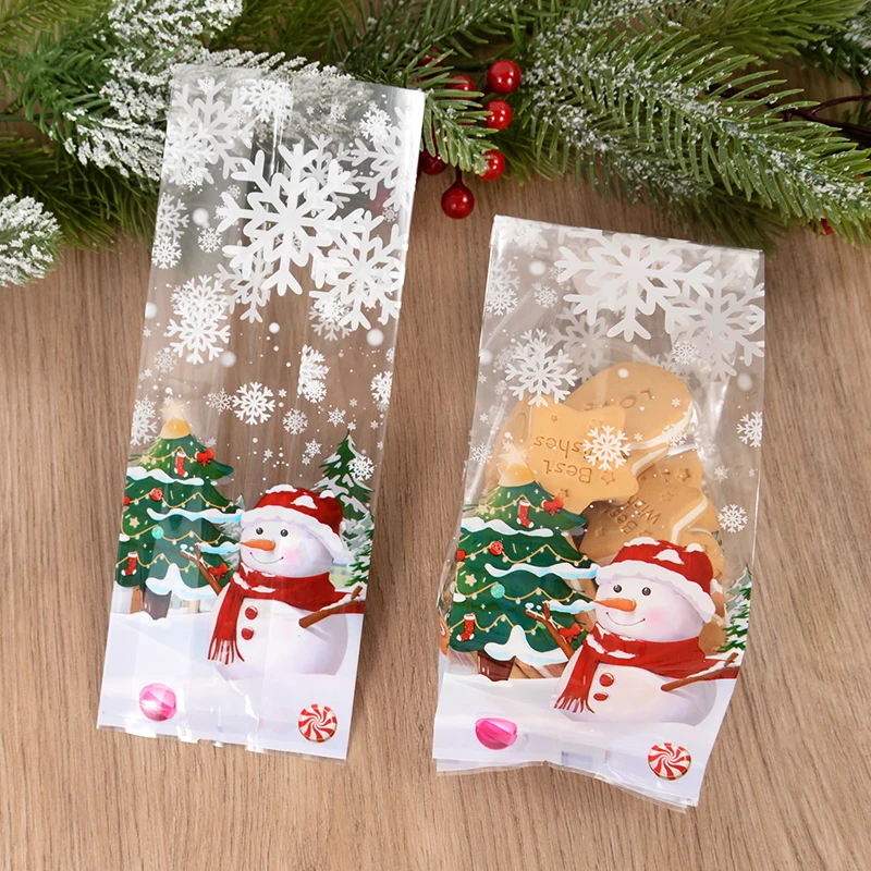 

50pcs Christmas Snowman Snowflake Candy Bags Xmas Tree Pattern Noel New Year Party Supplies Plastic Cookie Baking Packaging Bag