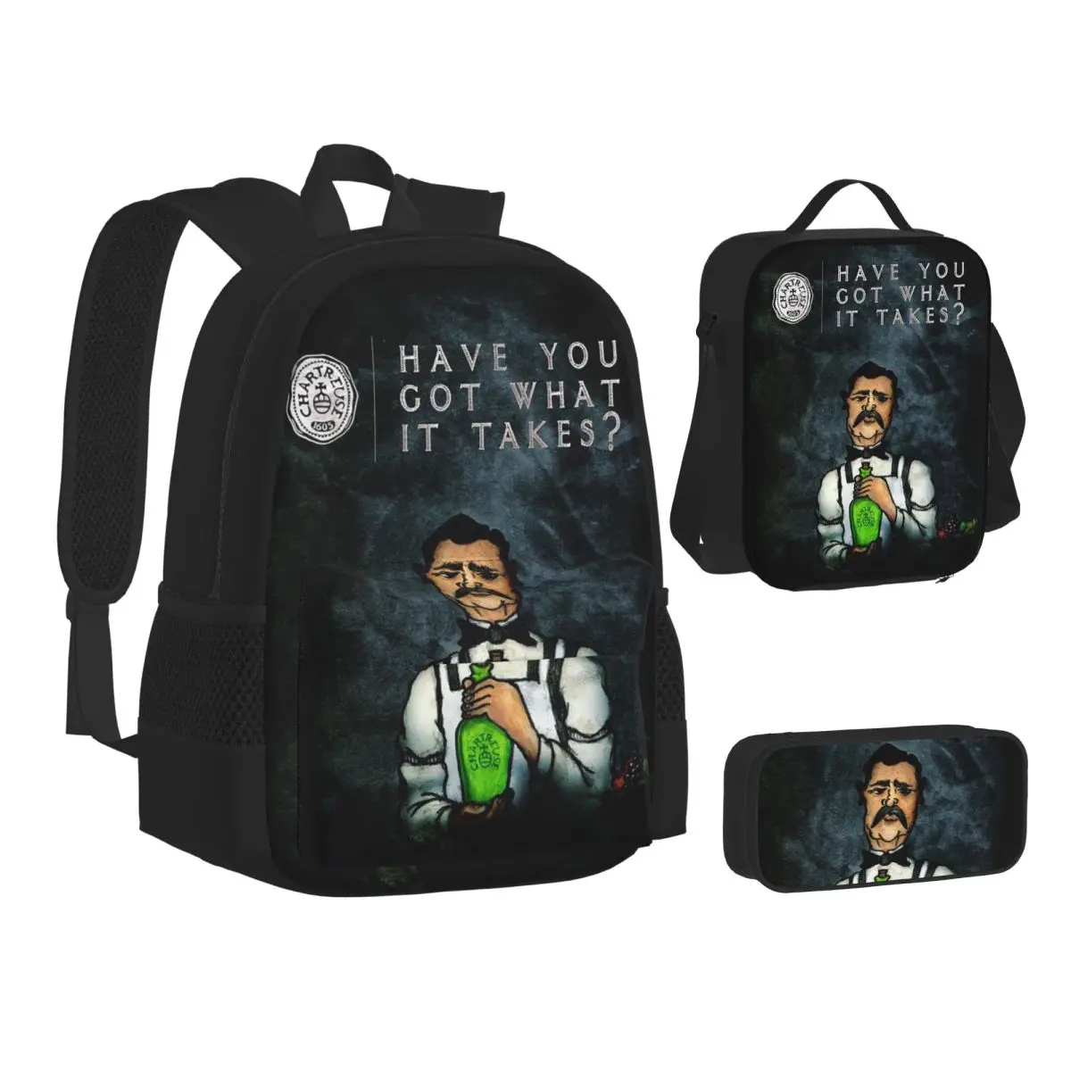 

Green Chartreuse Bottle Oil Painting Drink Backpacks Children School Bags Kids Rucksack Lunch Bag Pen Bag Three-Piece Set