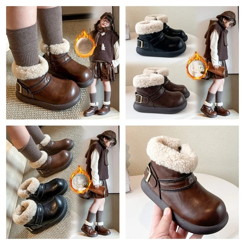 

Girls Padded Fashion Leather Boots 1-18 Years Old Brown Plush Children's Cotton Shoes Hundred Anti-slip Kids Baby Short Boots