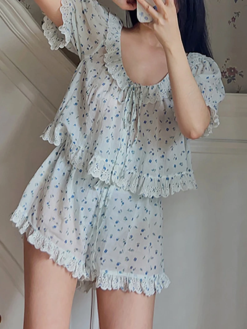 Blue Rose Girl Sweet Ruffles Short Sleeve Home Sleepwear Women Summer Lolita Pajamas Two Piece Sets Vintage Princess Loungewear