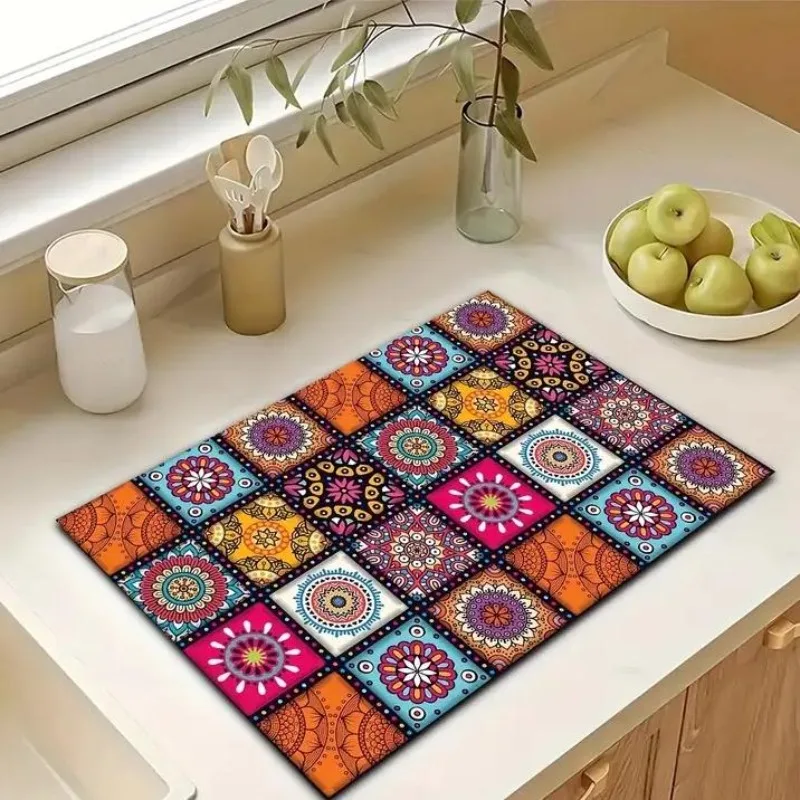 Retro Patterned Kitchen Countertop Mat Restaurant Drain Absorbent Pad Anti Mold Quick Drying Pad Non Slip Placemat Home Decor