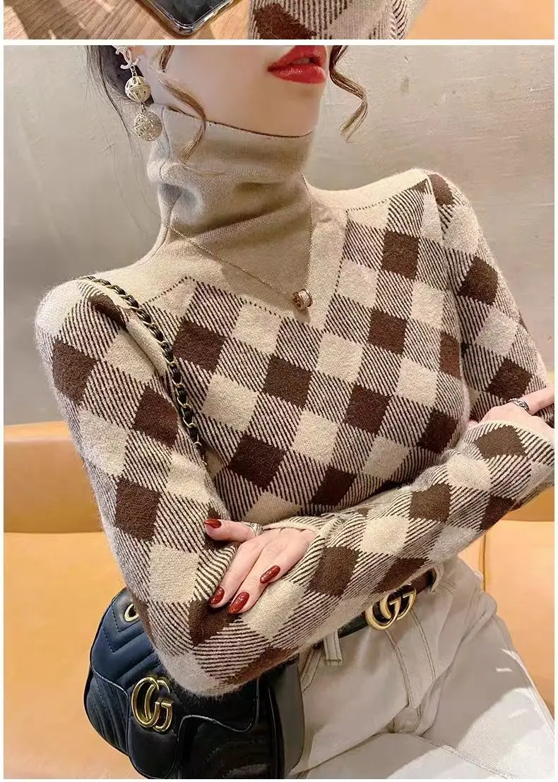 2024 nuevo Otoño e Invierno Retro adelgazante cuello alto suéter de gama alta Base de moda elegante minimalista explosivo Top de mujer