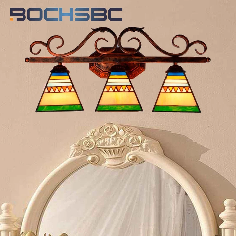 BOCHSBC Tiffany style stained glass Southeast Asia Pyramid wall lamp bar restaurant corridor three head wall light LED decor