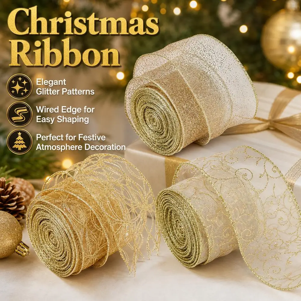 2m 2027 Christmas Ribbon Golden Silver Champagne Polyester Gliter Ribbon DIY Xmas Tree Bow Gifts Packing Navidad Home Decoration view 2