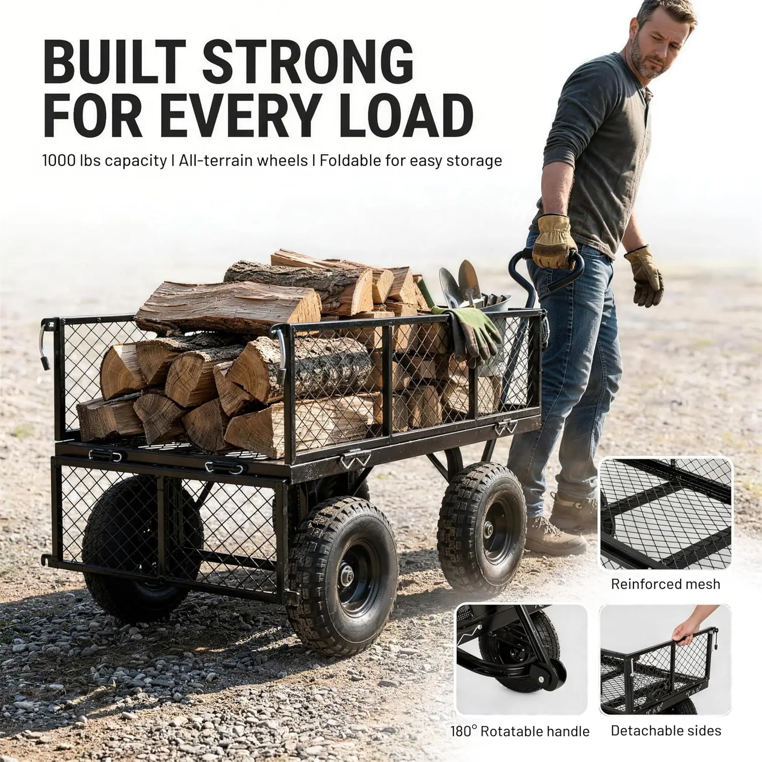 Heavy Duty 1000 Lbs Capacity Mesh Steel Garden Cart, Pullable Garden Wagons Carts on Wheels, Folding Utility Wagon with Removable Sides for Outdoor, Yard, Lawn, Black