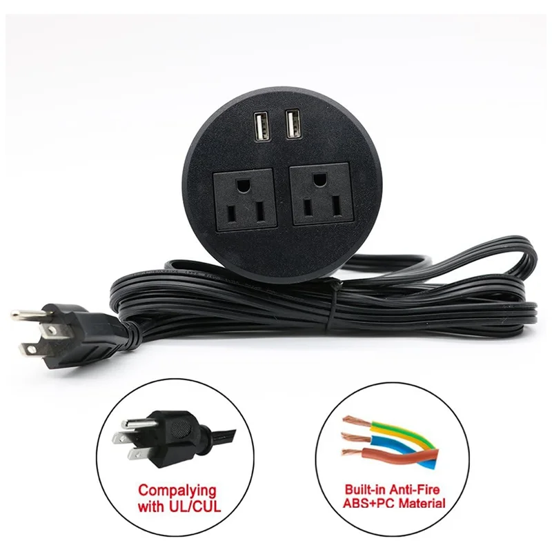 

ABSE-Втулка питания с USB для настольного компьютера Розетка для питания данных с 2 розетками переменного тока и 2 портами USB Прочная черная вилка стандарта США 2USB