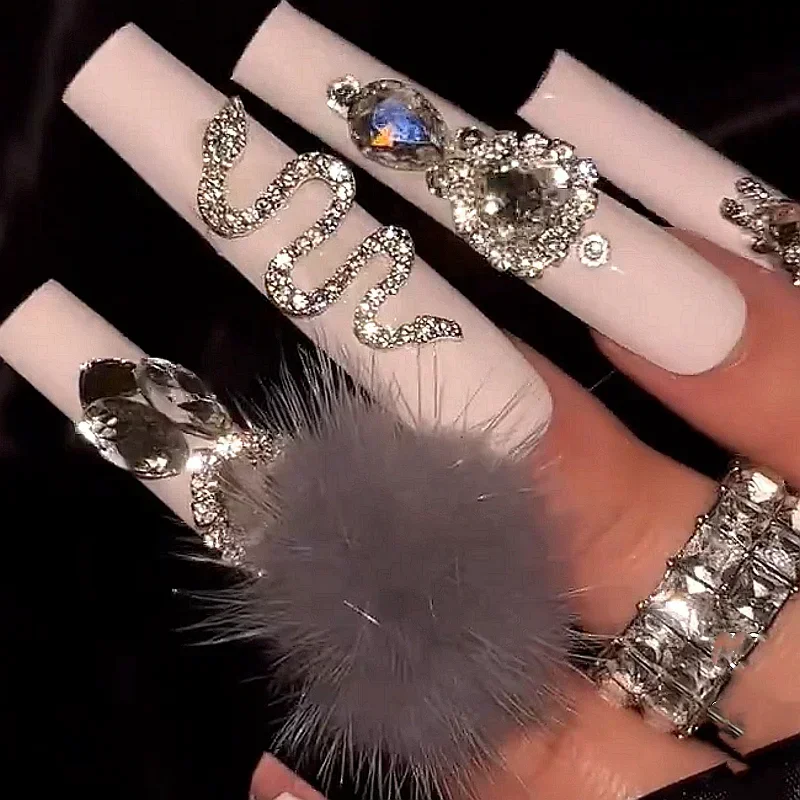 10 Buah Buatan Tangan 5CM XXXL Kuku Tekan Panjang Berlian Imitasi Bling Ujung Kuku Palsu Kuku Palsu Akrilik Tebal Dapat Digunakan Kembali dengan Hadiah Lem