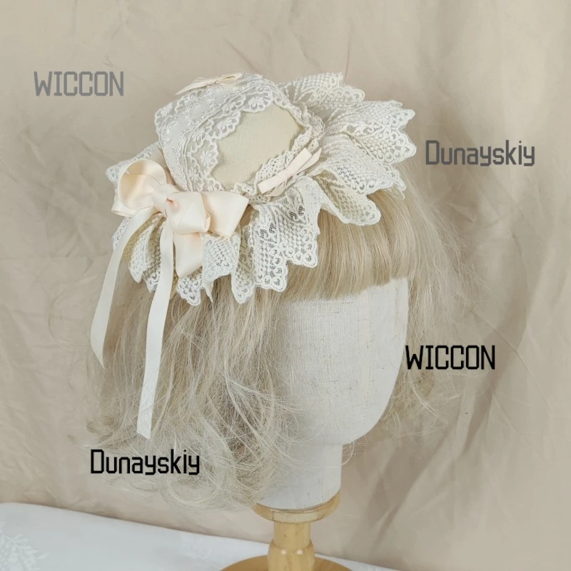 Handmade Japanese Bow Hat Elegant Ivory Lolita Headdress Floral Accent Tea Party Bridal Cosplay Matching Wrist Cuffs Hair Ribbon