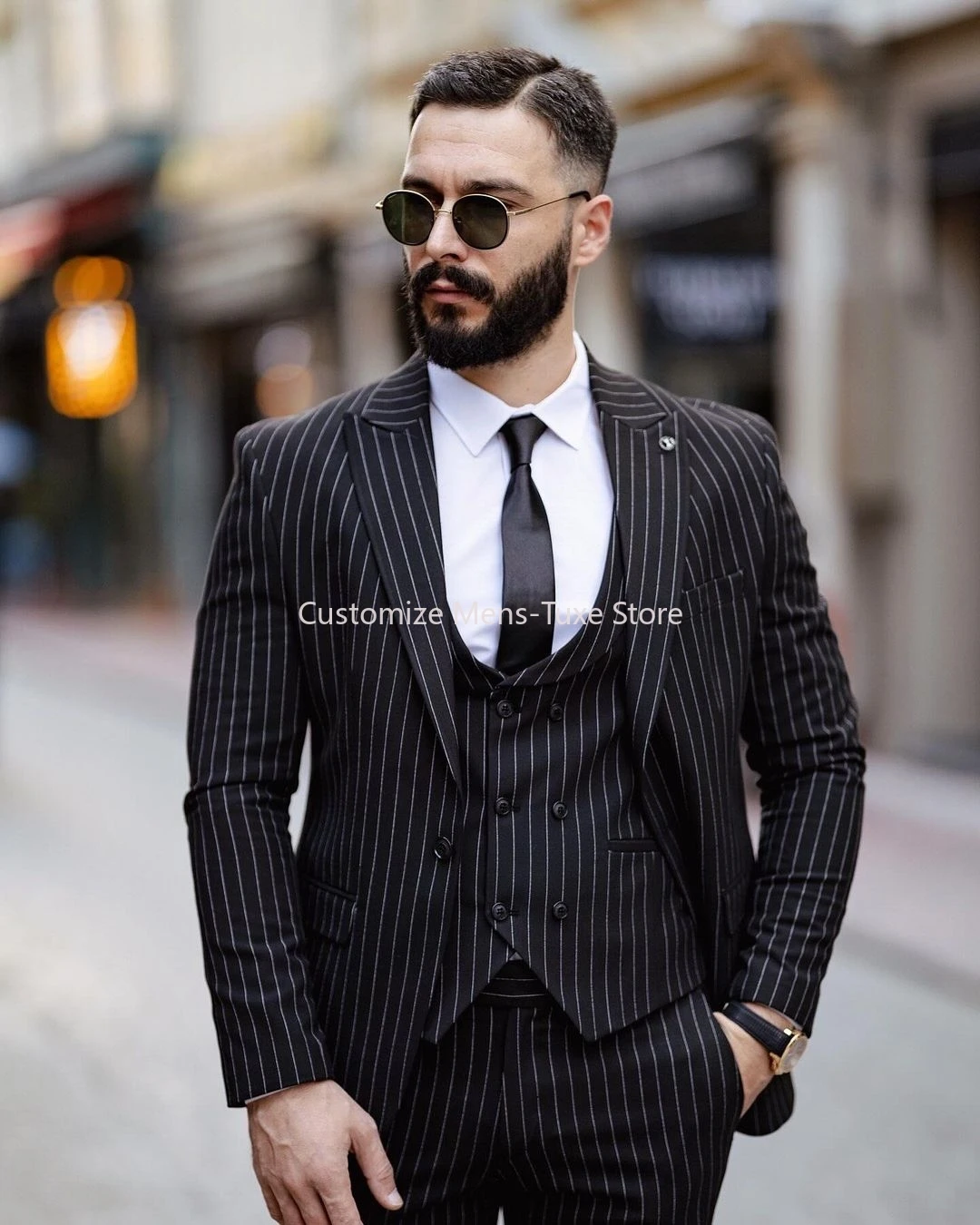 High Quality Black Pinstripe Men Suits Single Breasted Peak Lapel Formal Wedding 3 Piece Jacket Pants Vest Slim Fit Blazer Set