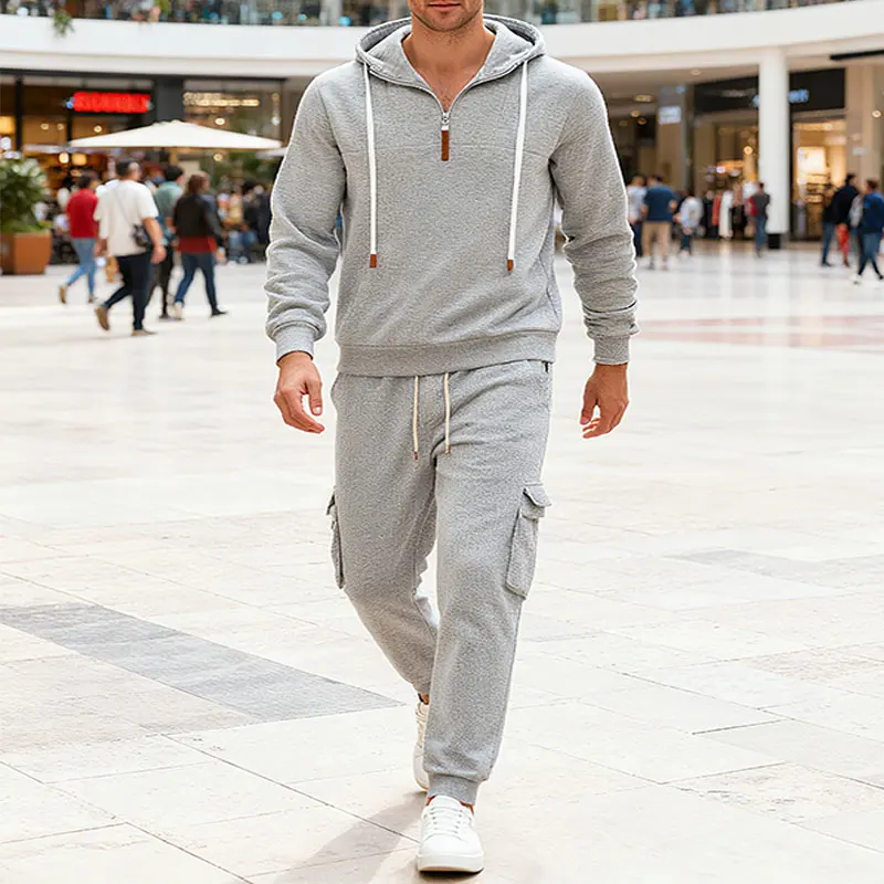 Men's Large-Sized Solid-Color Winter-Spring Casual Hooded Workwear Drawstring Long-Sleeved Pants Set Of High-Quality Clothing